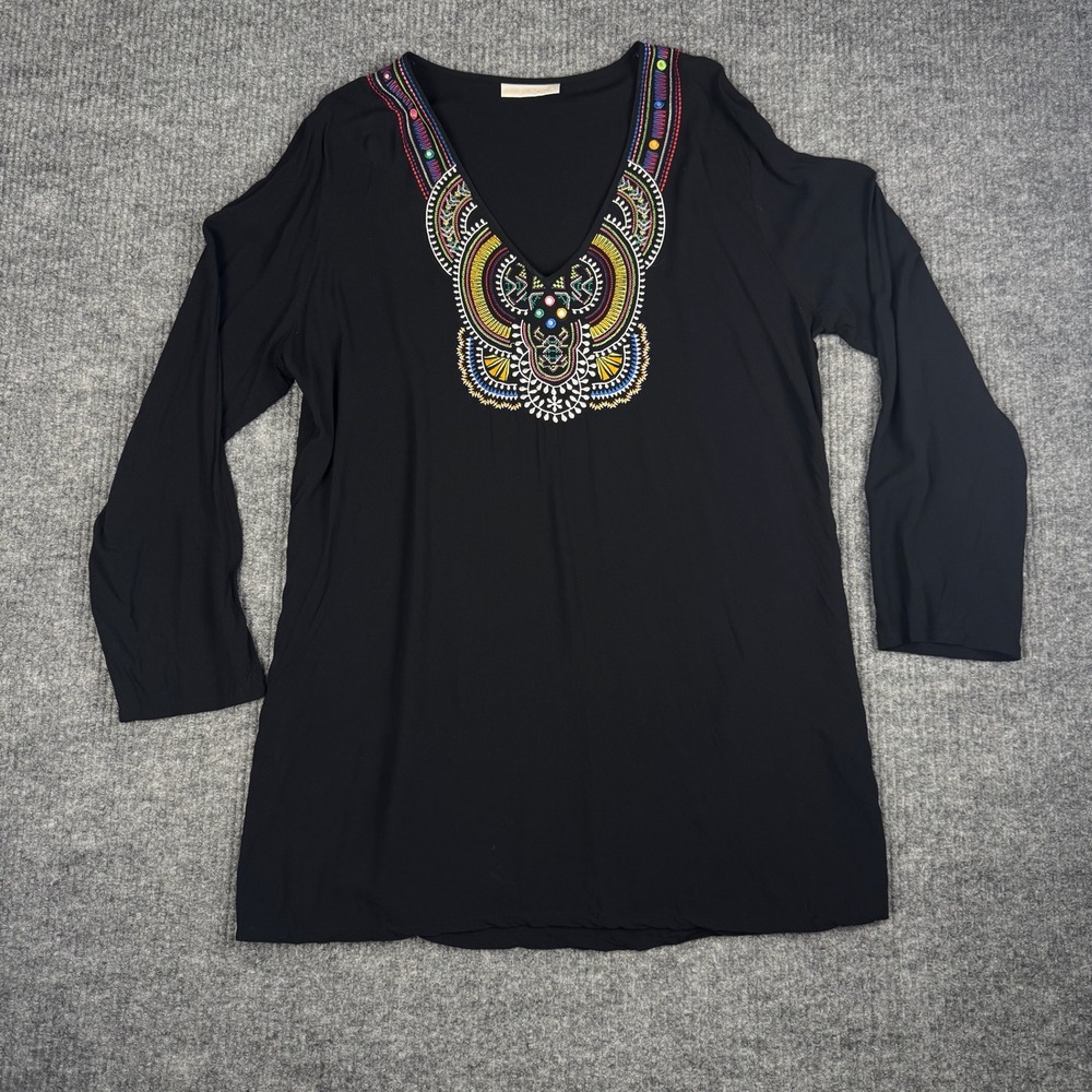 La Blanca Tunic Blouse Womens M Black Embroidered V-Neck Long‎ Sleeve Cover Up